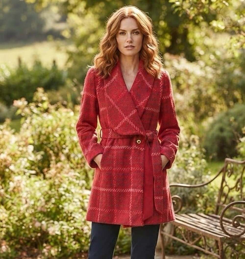 CAbi Sz M Red Plaid Check Evita Belted Wrap Coat Outdoor Jacket Holiday
